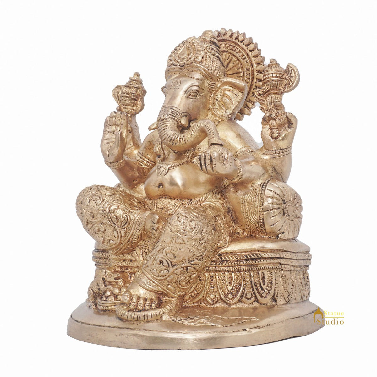 Brass Ganesha Statue Ganpati Sitting On Singhasan Idol Home Puja Décor Gift 7" - Image 4