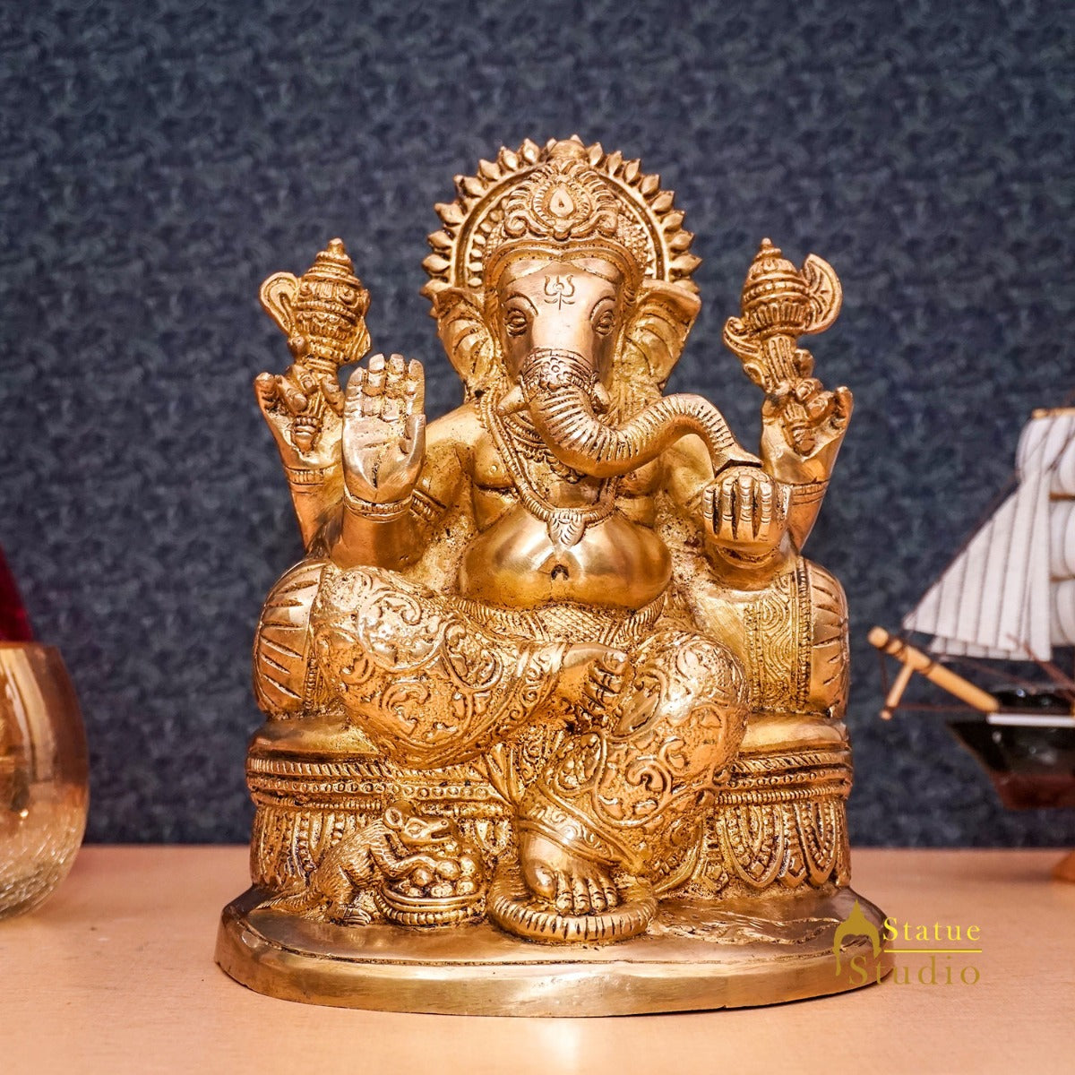 Brass Ganesha Statue Ganpati Sitting On Singhasan Idol Home Puja Décor Gift 7" - Eco-friendly - Sama Homes