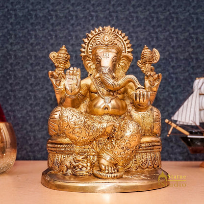 Brass Ganesha Statue Ganpati Sitting On Singhasan Idol Home Puja Décor Gift 7" by vendor-unknown - Products