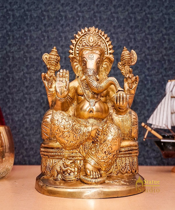 Brass Ganesha Statue Ganpati Sitting On Singhasan Idol Home Puja Décor Gift 7" - Image 2