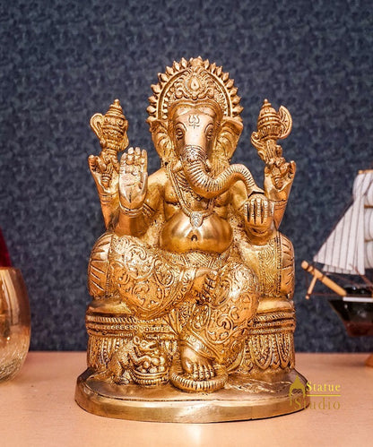 Brass Ganesha Statue Ganpati Sitting On Singhasan Idol Home Puja Décor Gift 7" by vendor-unknown - Products (View 2)