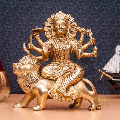 Brass Antique Durga Statue Sherawali Maa Idol For Pooja Home Office Décor Gift by vendor-unknown - Hindu Gods