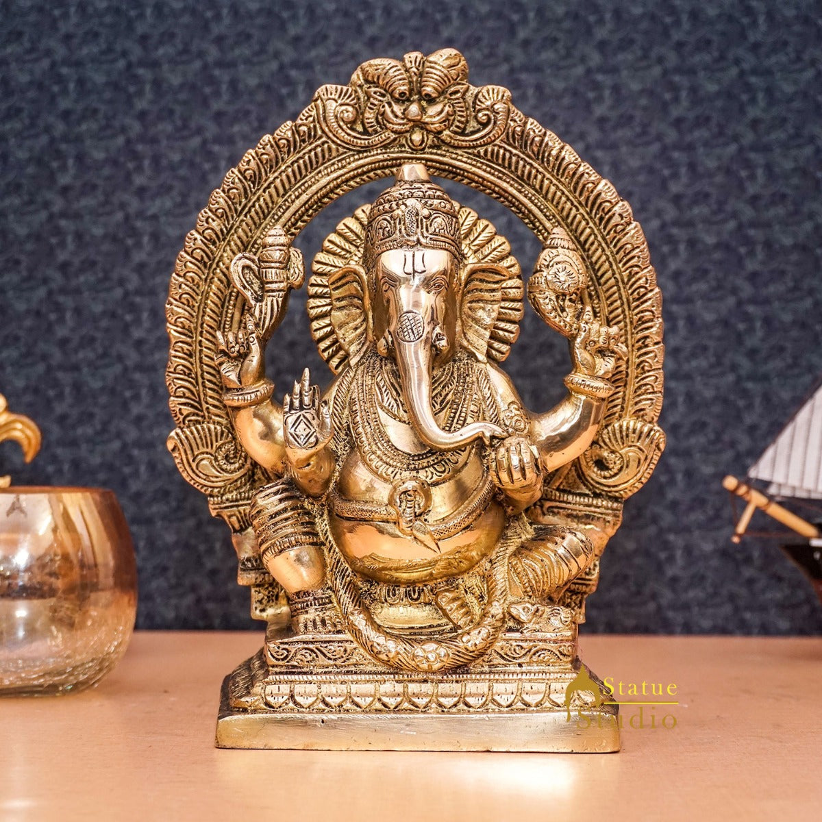 Brass Antique Ganesha Statue Ganpati Sitting Idol Home Pooja Room Décor Gift 8" - Eco-friendly - Sama Homes