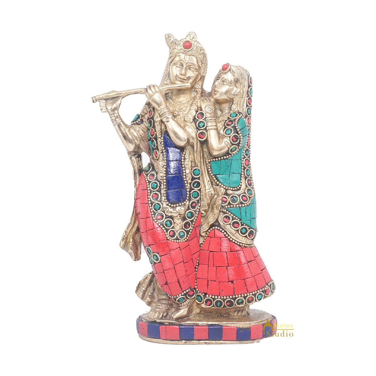 Brass Antique Lord Radha Krishna Idol For Home Puja Décor Gift Statue 11"
