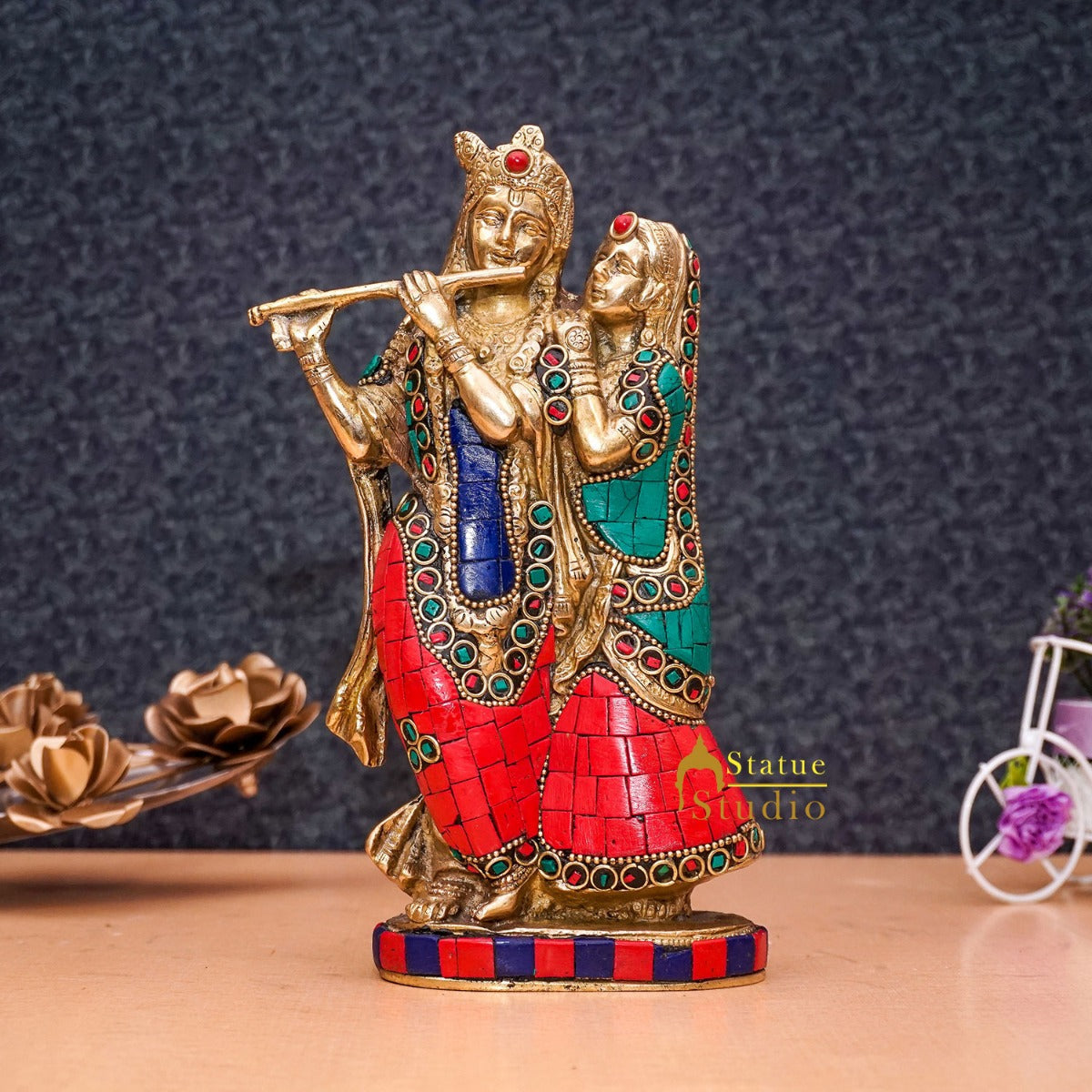 Brass Antique Lord Radha Krishna Idol For Home Puja Décor Gift Statue 11" - Eco-friendly - Sama Homes