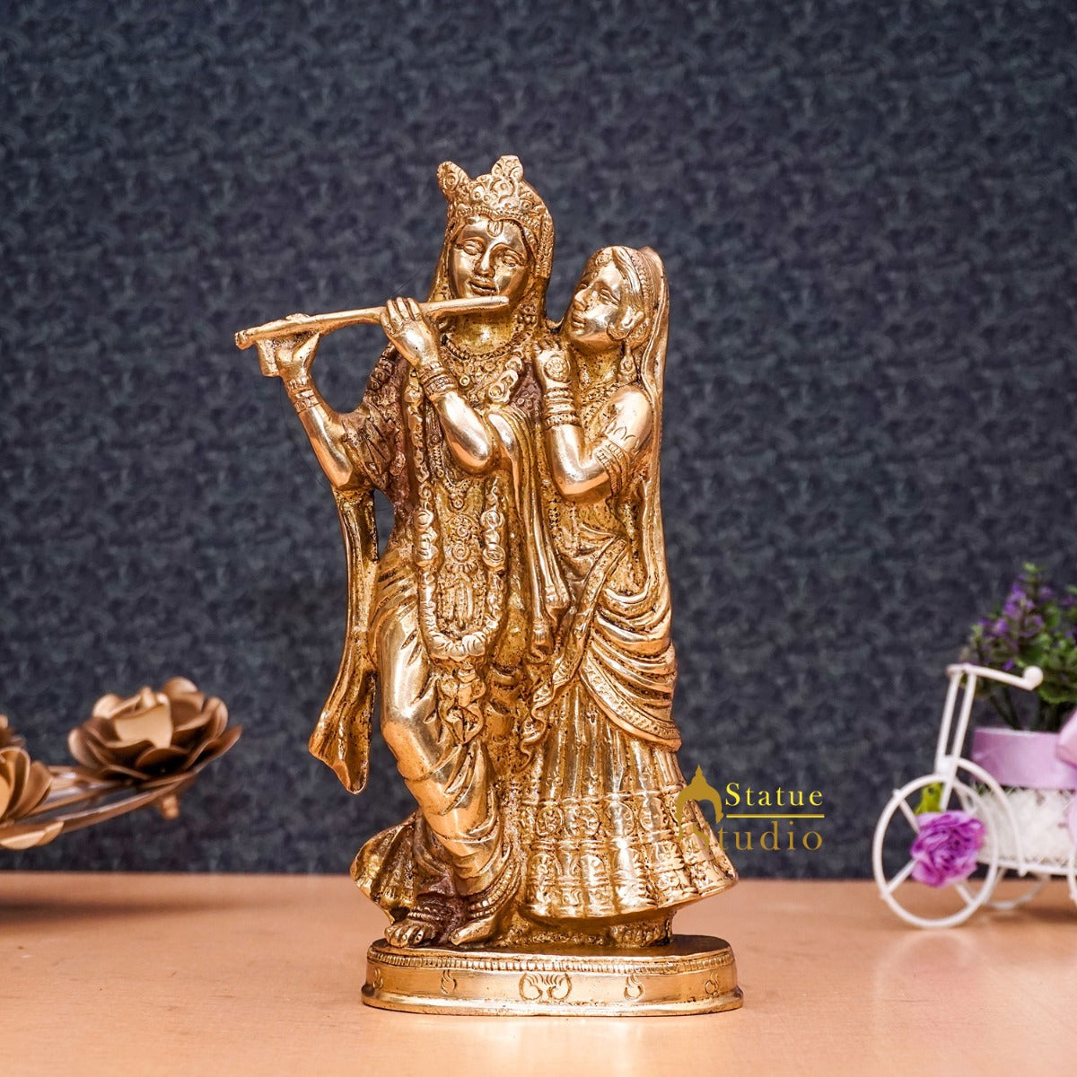 Brass Antique Lord Radha Krishna Idol For Home Pooja Décor Gift Statue 11"