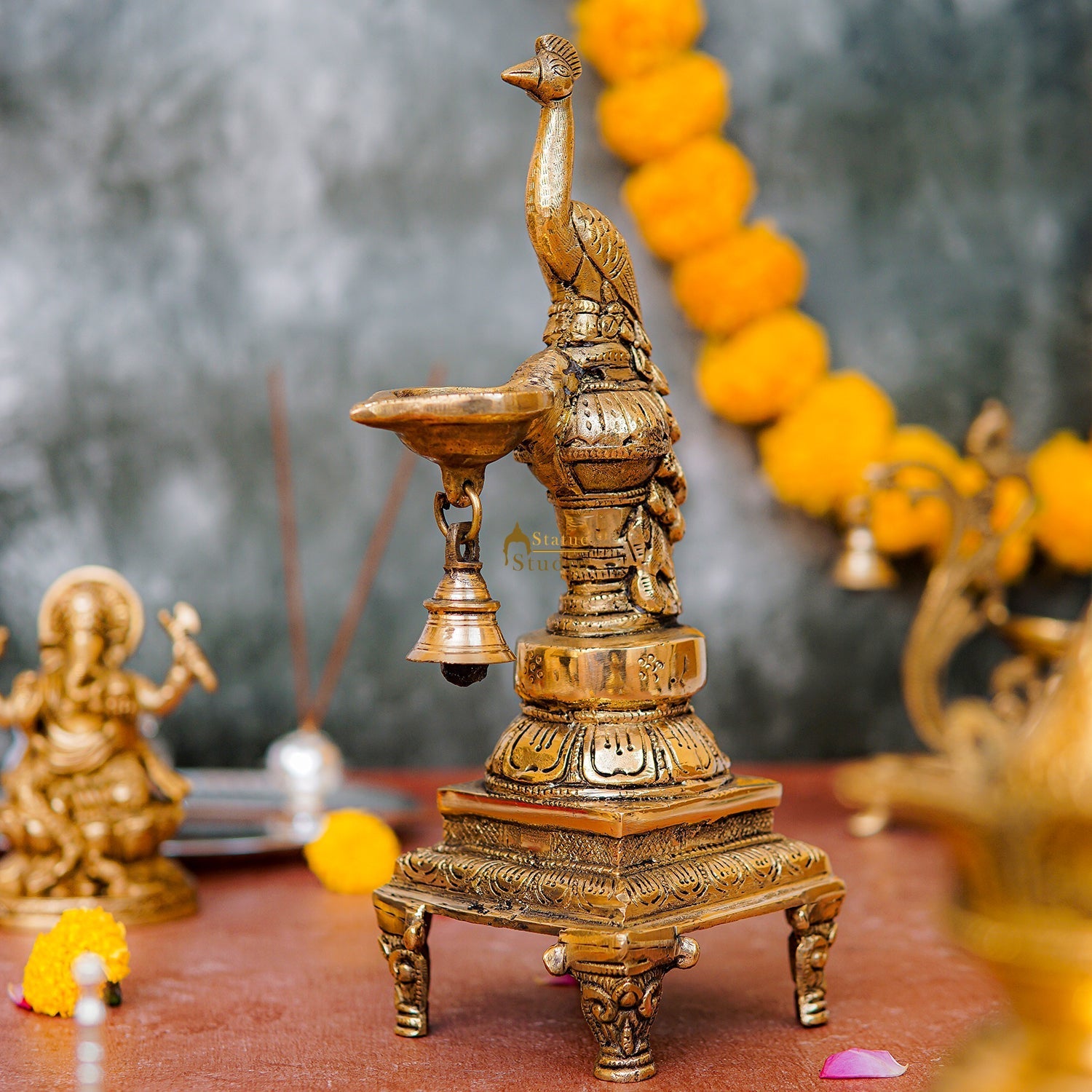 Brass Antique Peacock Bird Diya For Home Puja Diwali Festive Décor 10" - Eco-friendly - Sama Homes