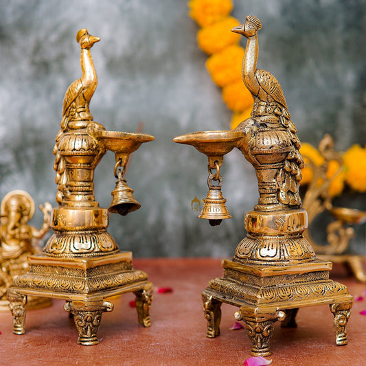Brass Antique Peacock Bird Diya For Home Puja Diwali Festive Décor 10"