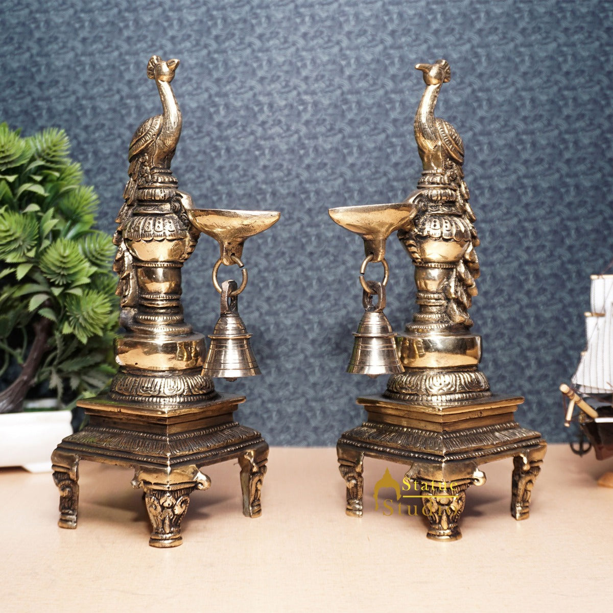 Brass Antique Peacock Bird Diya For Home Puja Diwali Festive Décor 10"