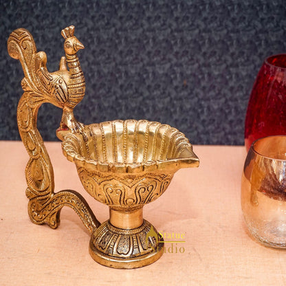 Brass Antique Peacock Bird Diya For Home Temple Puja Diwali Festive Décor 10" by vendor-unknown - Spiritual