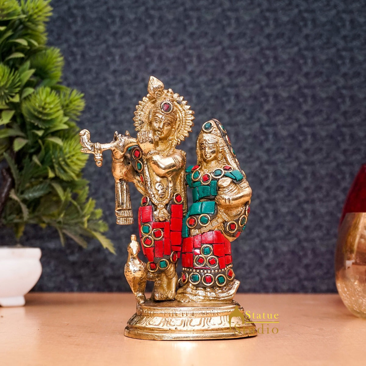 Brass Antique Lord Radha Krishna Idol For Home Pooja Décor Gift Statue 5"