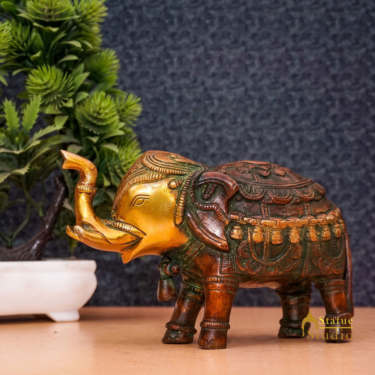 Brass Elephant Showpiece Figurine Home Office Table Decorative Statue 4"