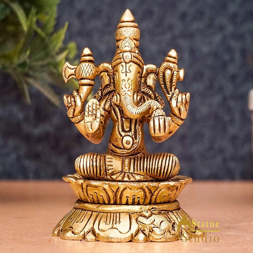 Brass Ganesha Statue Ganpati Sitting Small Idol Home Pooja Room Décor Gift 3"
