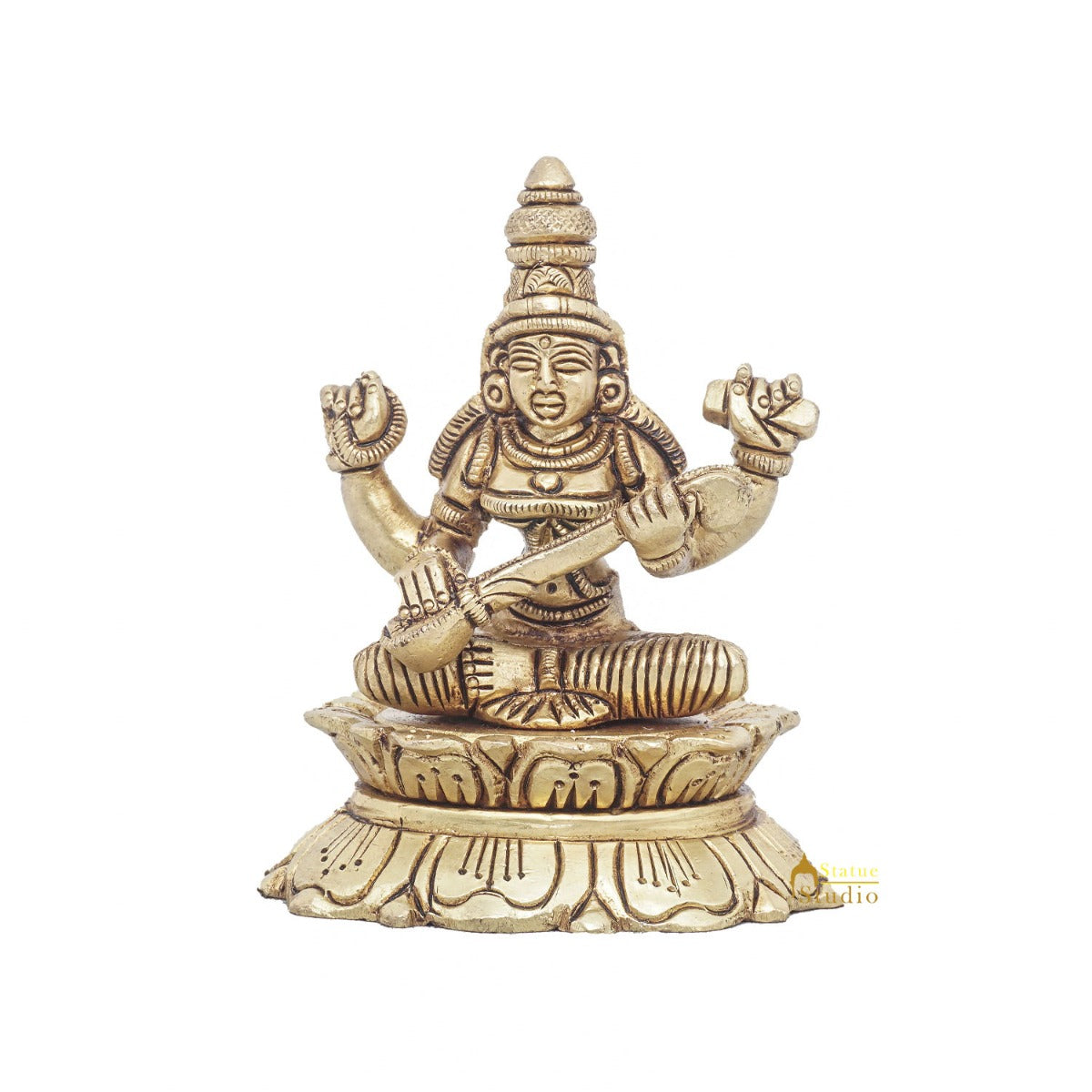 Brass Goddess Saraswati Idol Statue For Home Office Puja Room Décor 3" - Image 3