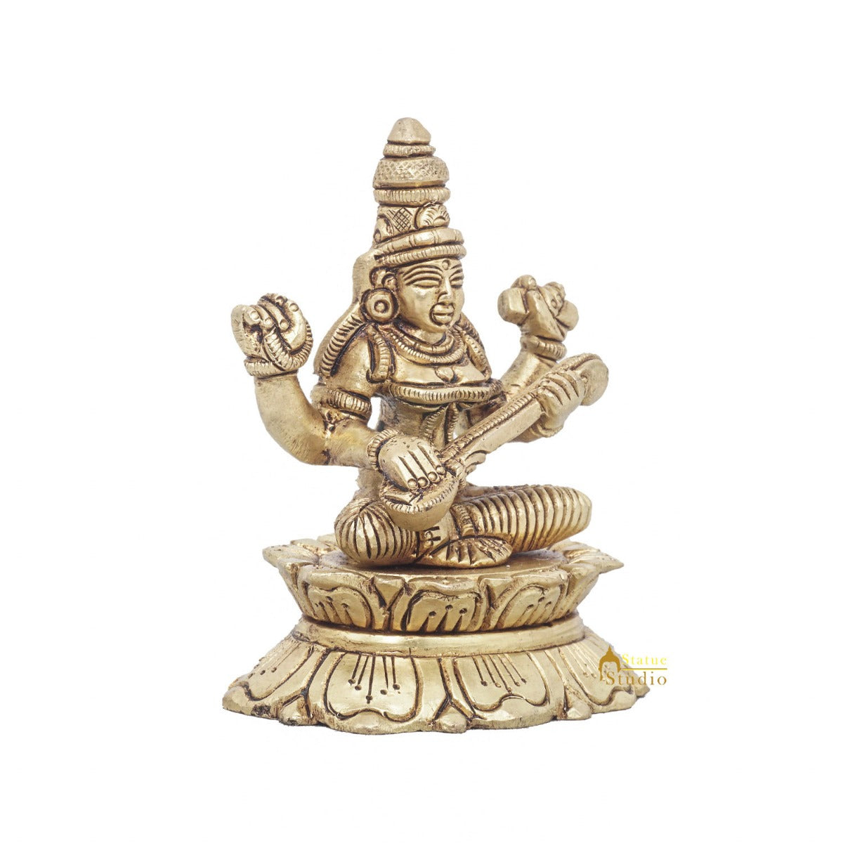 Brass Goddess Saraswati Idol Statue For Home Office Puja Room Décor 3"