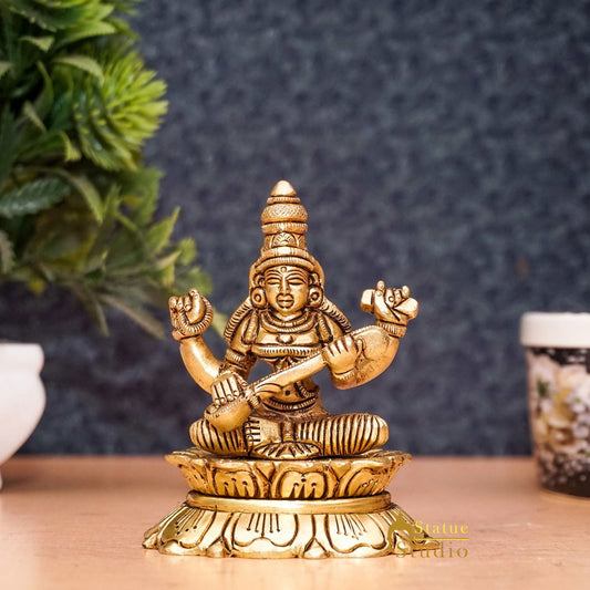 Brass Goddess Saraswati Idol Statue For Home Office Puja Room Décor 3"