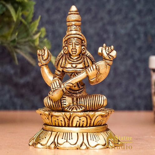 Brass Goddess Saraswati Idol Statue For Home Office Puja Room Décor 3" - Image 2