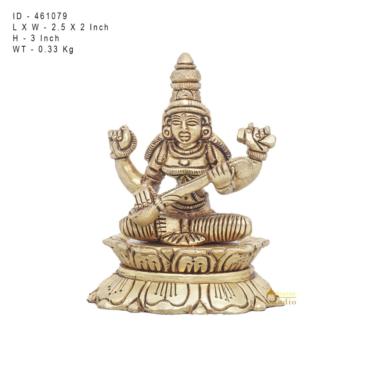 Brass Goddess Saraswati Idol Statue For Home Office Puja Room Décor 3"