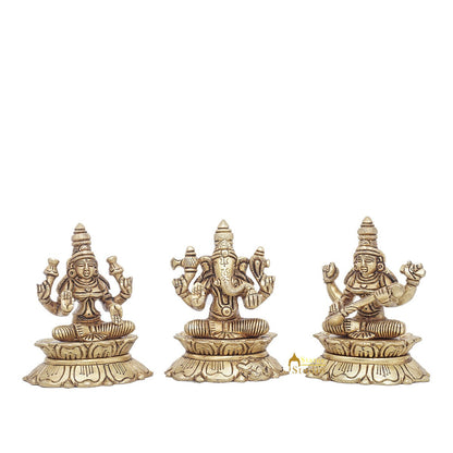 Brass Ganesha Lakshmi Saraswati Idol Statue For Diwali Home Puja Décor Gift 3" by vendor-unknown - Hindu Gods (View 3)