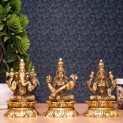 Brass Ganesha Lakshmi Saraswati Idol Statue For Diwali Home Puja Décor Gift 3" by vendor-unknown - Hindu Gods