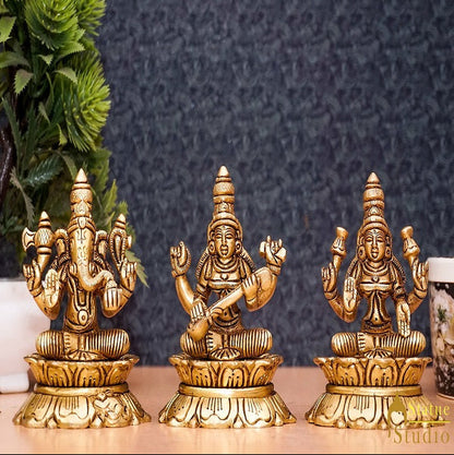 Brass Ganesha Lakshmi Saraswati Idol Statue For Diwali Home Puja Décor Gift 3" by vendor-unknown - Hindu Gods (View 2)