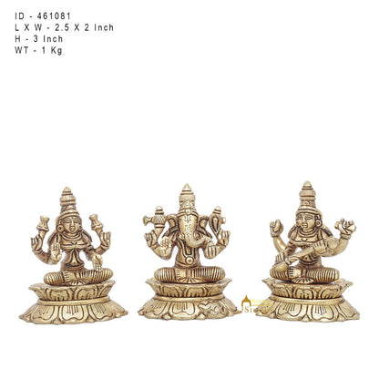 Brass Ganesha Lakshmi Saraswati Idol Statue For Diwali Home Puja Décor Gift 3" by vendor-unknown - Hindu Gods (View 5)