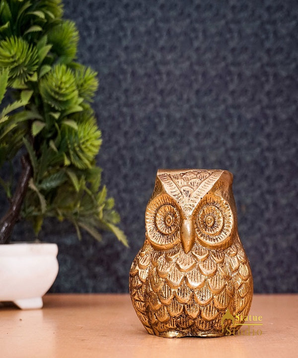 Brass Antique Owl Feng Shui Vastu Statue Home Office Décor Showpiece 3" - Image 2