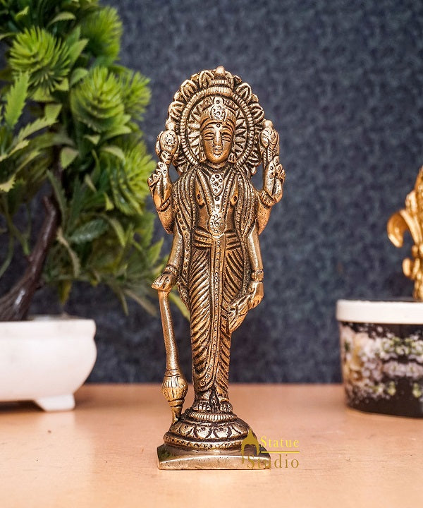 Brass Antique Lord Vishnu Idol For Pooja Home Temple Décor Statue 5" - Image 2