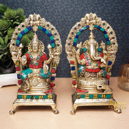 Brass Ganesha Lakshmi Idol Laxmi Statue For Diwali Home Puja Décor Gift 8" by vendor-unknown - Hindu Gods