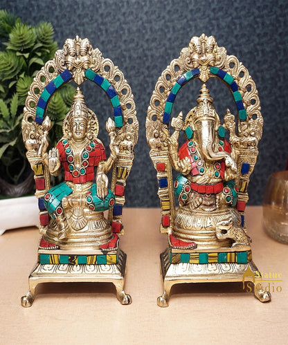 Brass Ganesha Lakshmi Idol Laxmi Statue For Diwali Home Puja Décor Gift 8" by vendor-unknown - Hindu Gods (View 2)