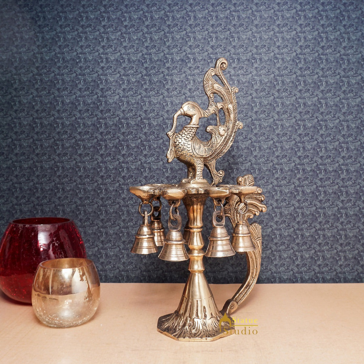 Brass Antique Peacock Bird Diya Home Temple Diwali Puja Religious Décor 12" - Eco-friendly - Sama Homes