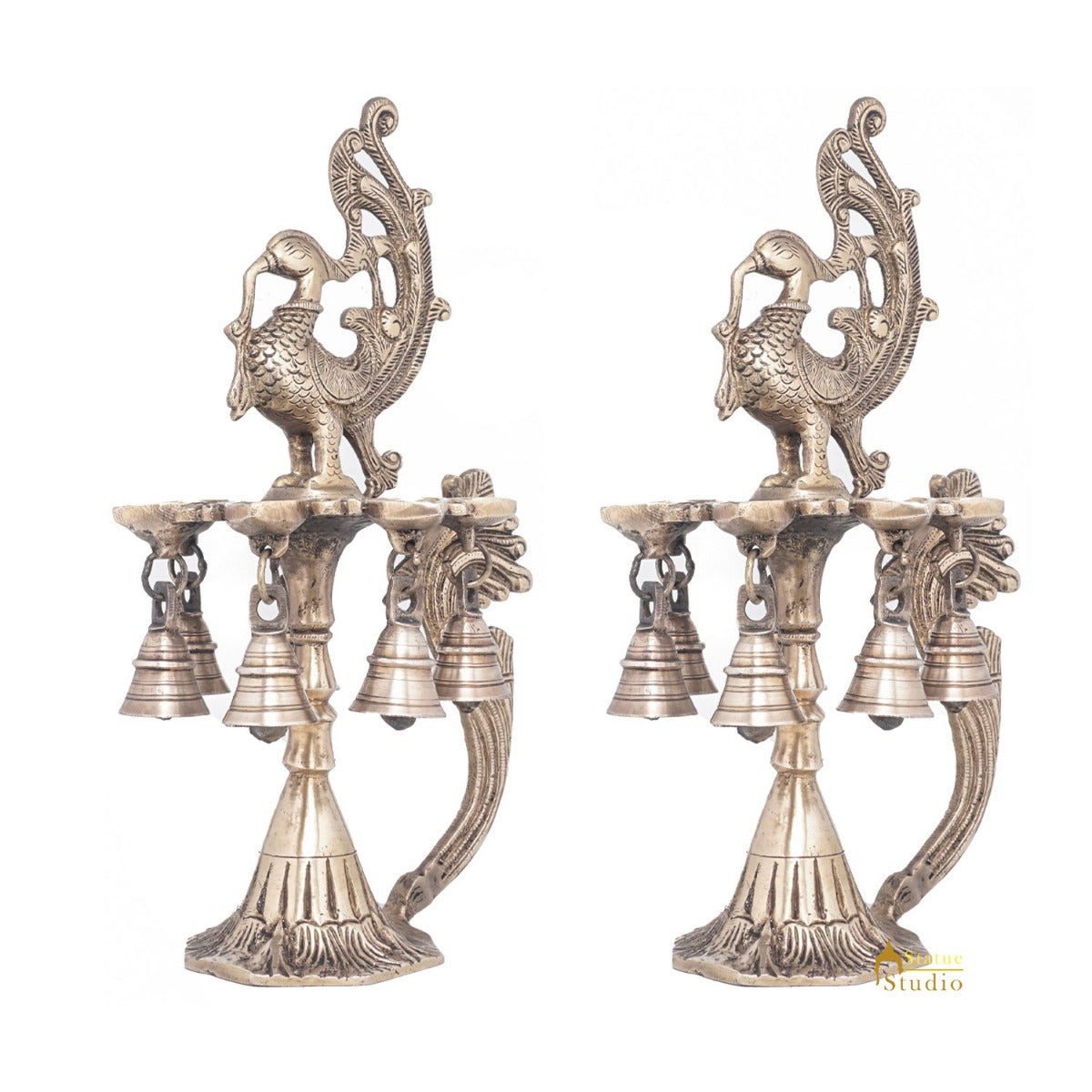 Brass Antique Peacock Bird Diya Pair Home Temple Diwali Puja Religious Décor 12"