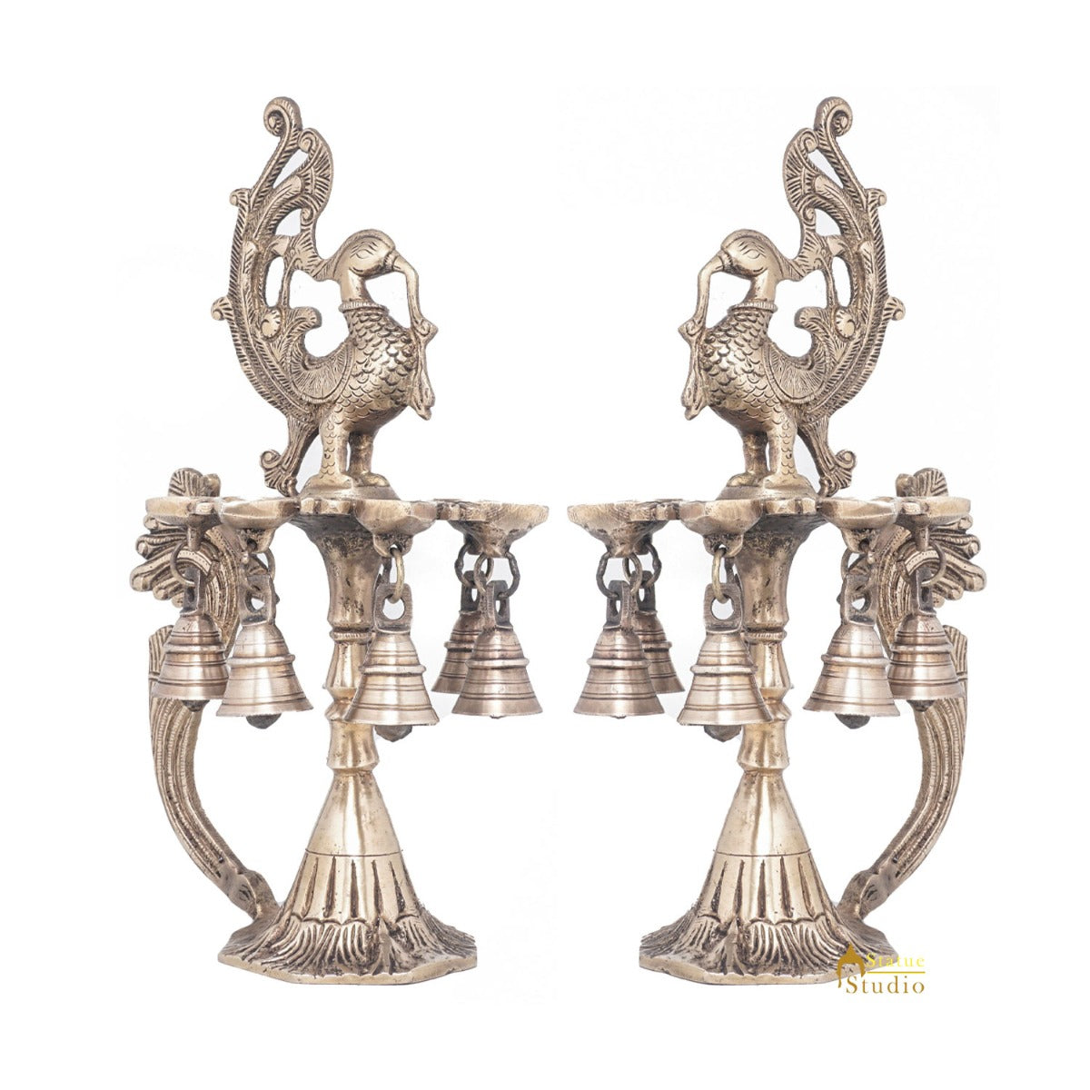 Brass Antique Peacock Bird Diya Pair Home Temple Diwali Puja Religious Décor 12" - Image 4