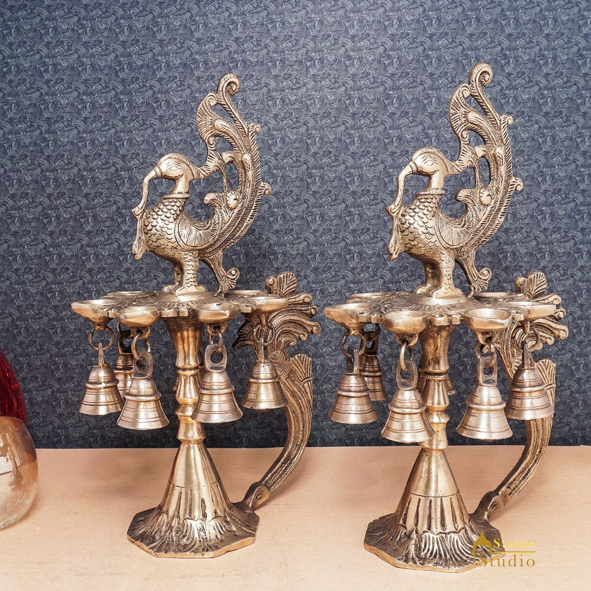 Brass Antique Peacock Bird Diya Pair Home Temple Diwali Puja Religious Décor 12"