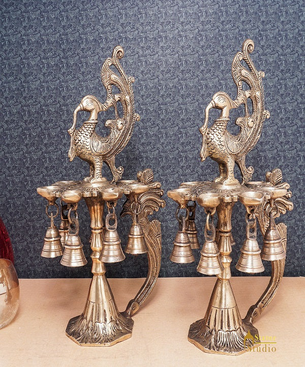 Brass Antique Peacock Bird Diya Pair Home Temple Diwali Puja Religious Décor 12"