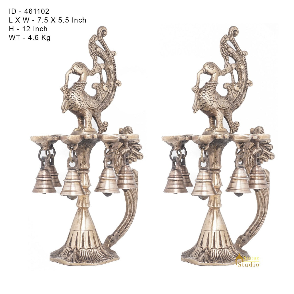 Brass Antique Peacock Bird Diya Pair Home Temple Diwali Puja Religious Décor 12"