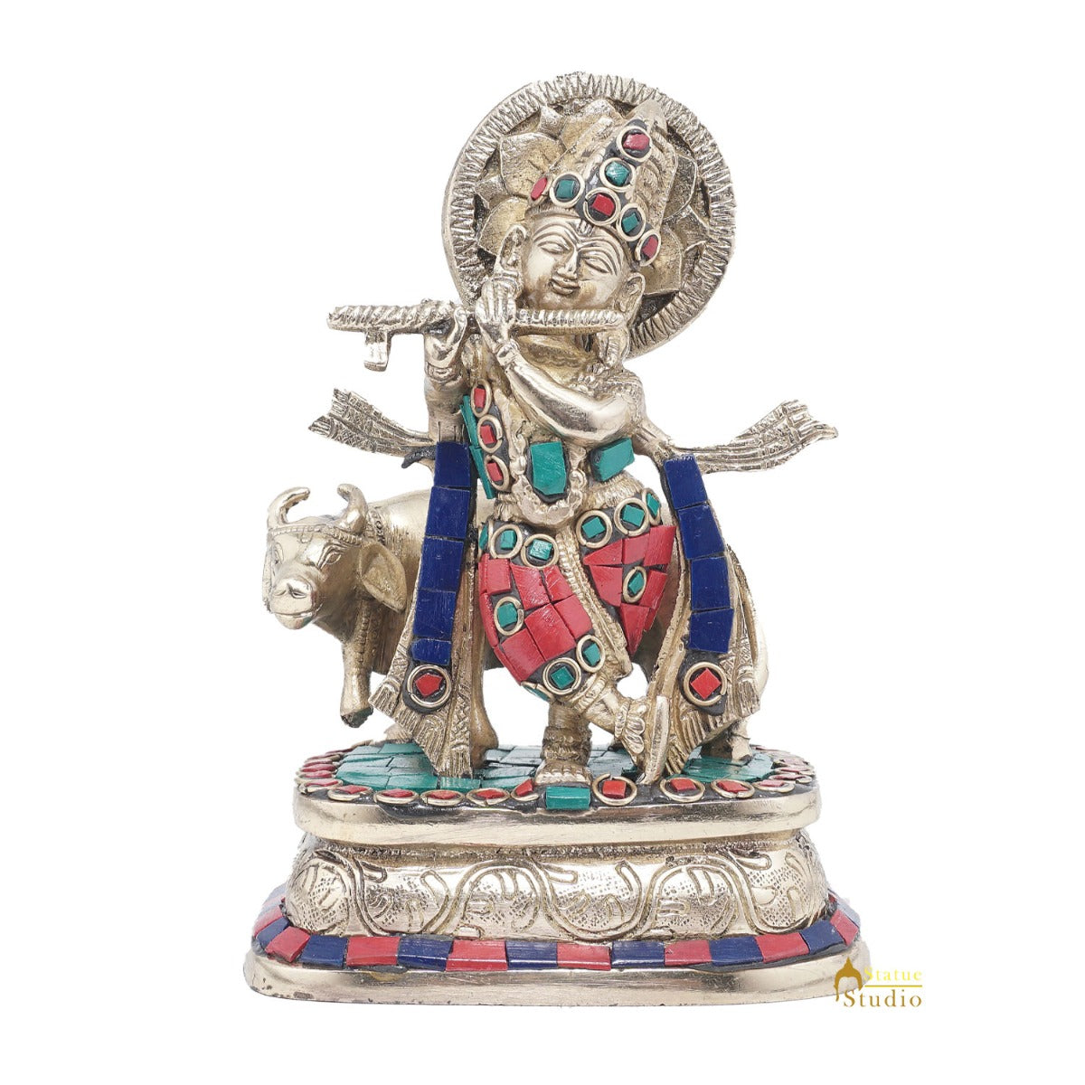 Brass Krishna With Cow Idol Home Office Desk Décor Lucky Gift Statue 6"