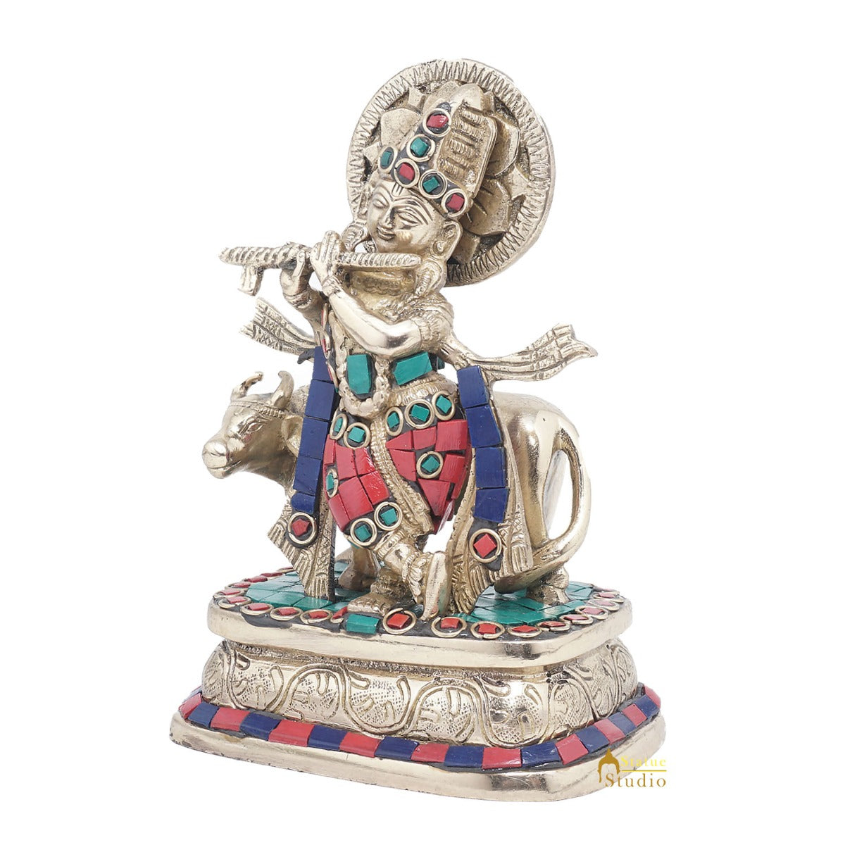 Brass Krishna With Cow Idol Home Office Desk Décor Lucky Gift Statue 6" - Image 4