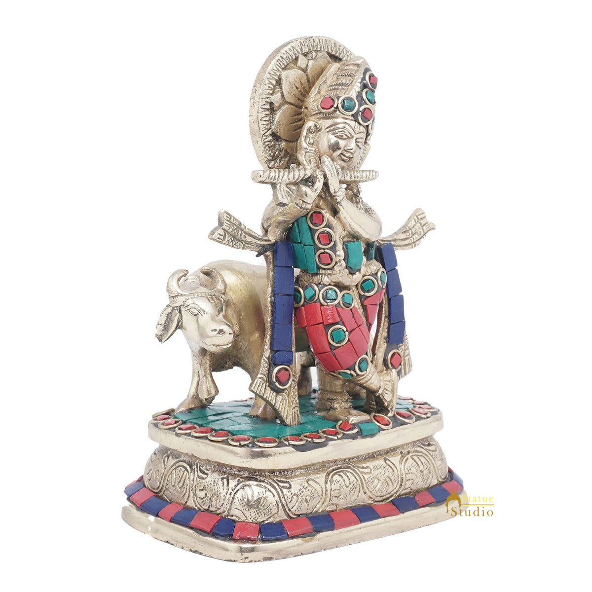 Brass Krishna With Cow Idol Home Office Desk Décor Lucky Gift Statue 6" - Image 5