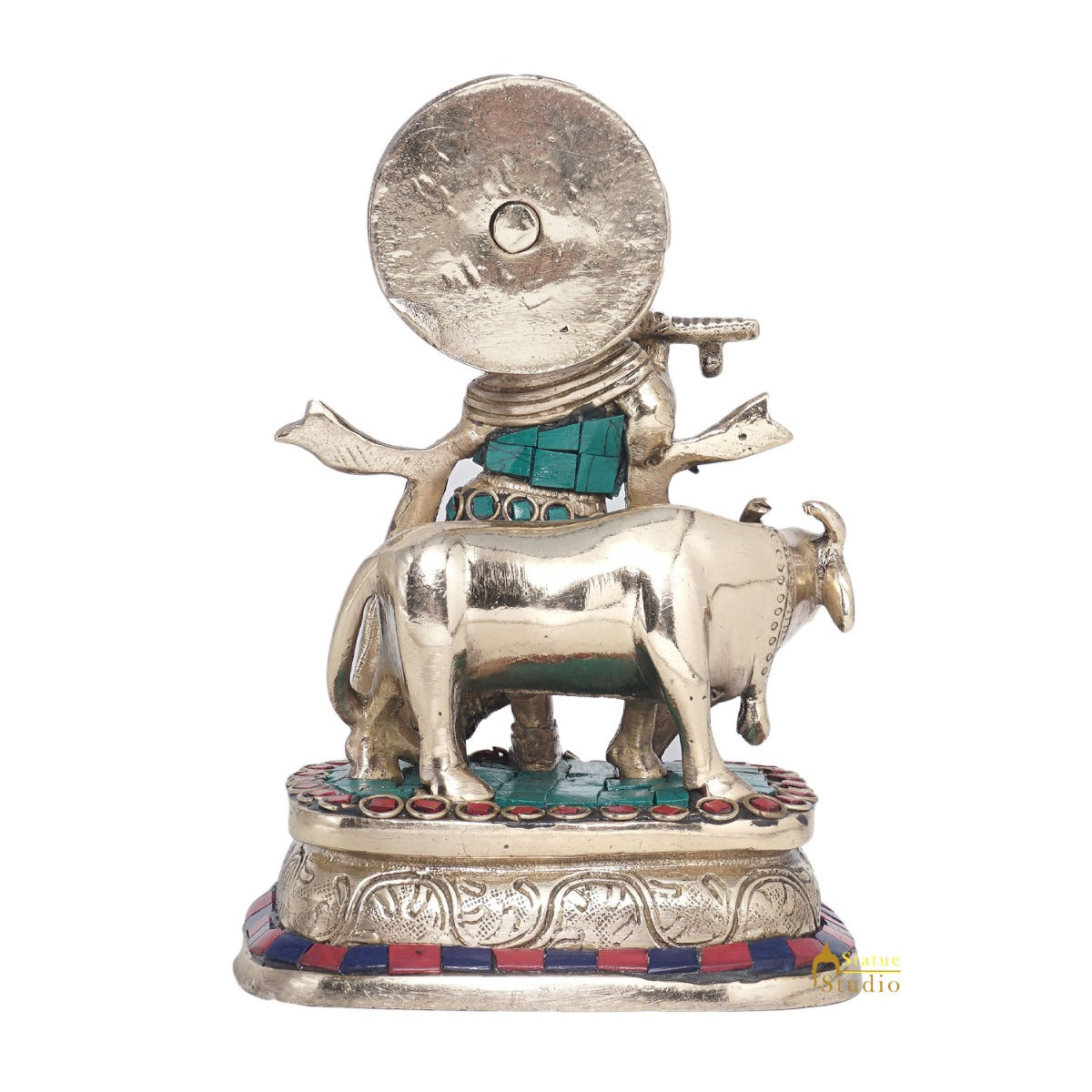 Brass Krishna With Cow Idol Home Office Desk Décor Lucky Gift Statue 6" - Image 6
