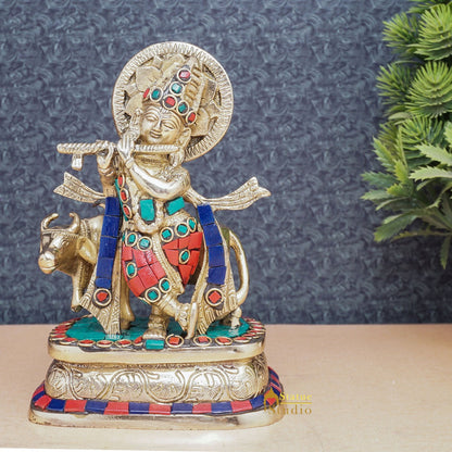 Brass Krishna With Cow Idol Home Office Desk Décor Lucky Gift Statue 6" by vendor-unknown - Hindu Gods