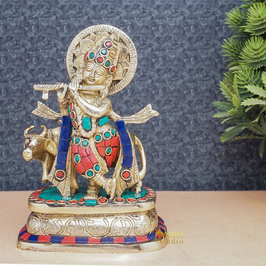 Brass Krishna With Cow Idol Home Office Desk Décor Lucky Gift Statue 6"