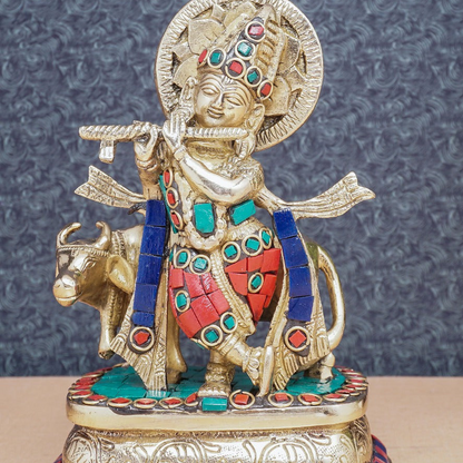 Brass Krishna With Cow Idol Home Office Desk Décor Lucky Gift Statue 6" by vendor-unknown - Hindu Gods (View 2)