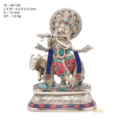 Brass Krishna With Cow Idol Home Office Desk Décor Lucky Gift Statue 6" by vendor-unknown - Hindu Gods (View 7)