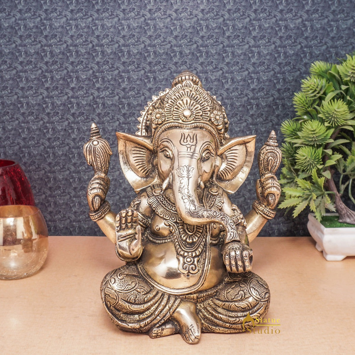 Brass Ganesha Idol Finely Crafted Antique Finish For Home Office Decor Gift 9" - Eco-friendly - Sama Homes