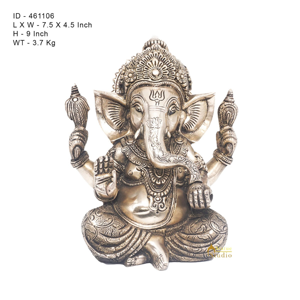 Brass Ganesha Idol Finely Crafted Antique Finish For Home Office Decor Gift 9"