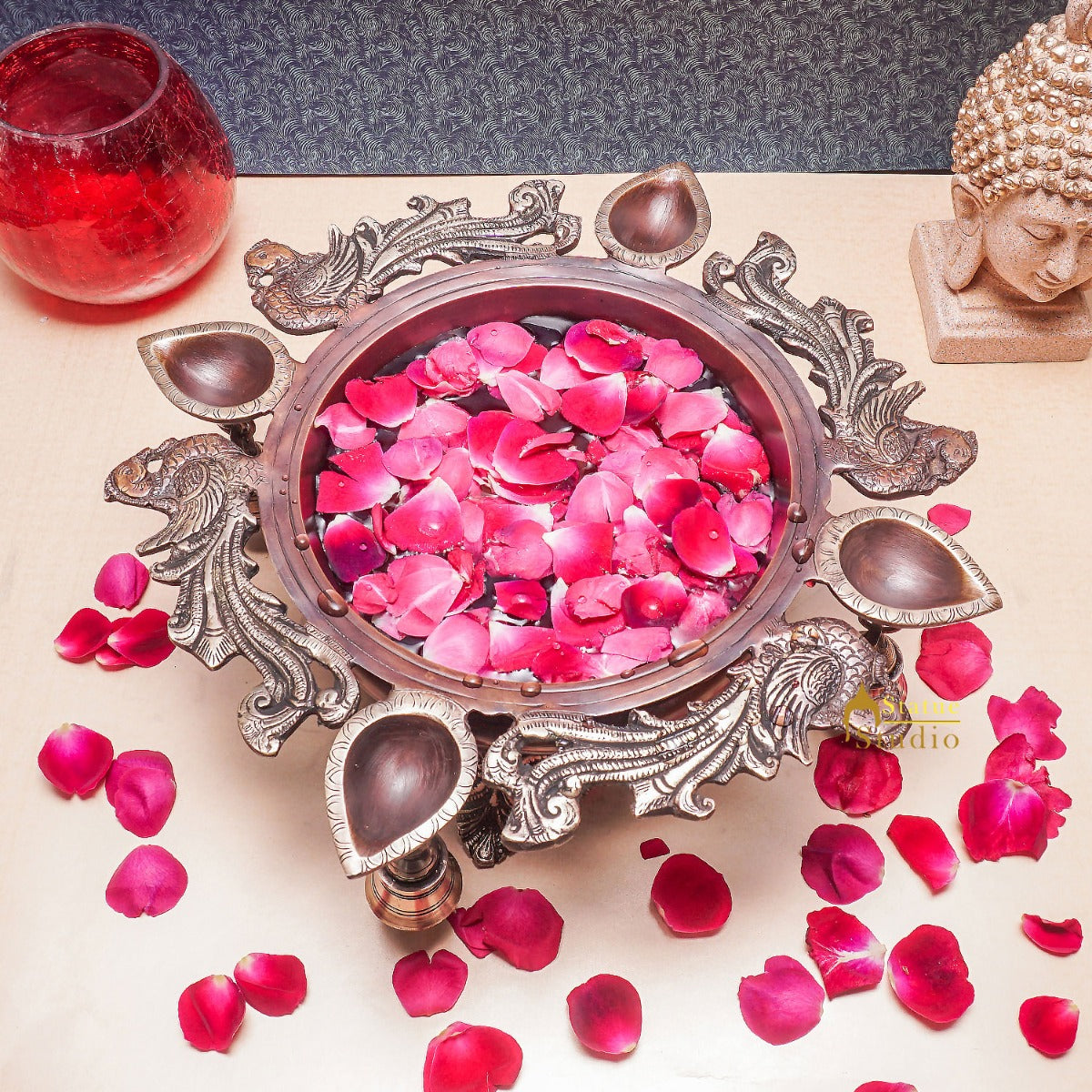 Brass Antique Urli Water Vessel Bowl Lucky Feng Shui Vastu Home Office Décor 13" - Eco-friendly - Sama Homes