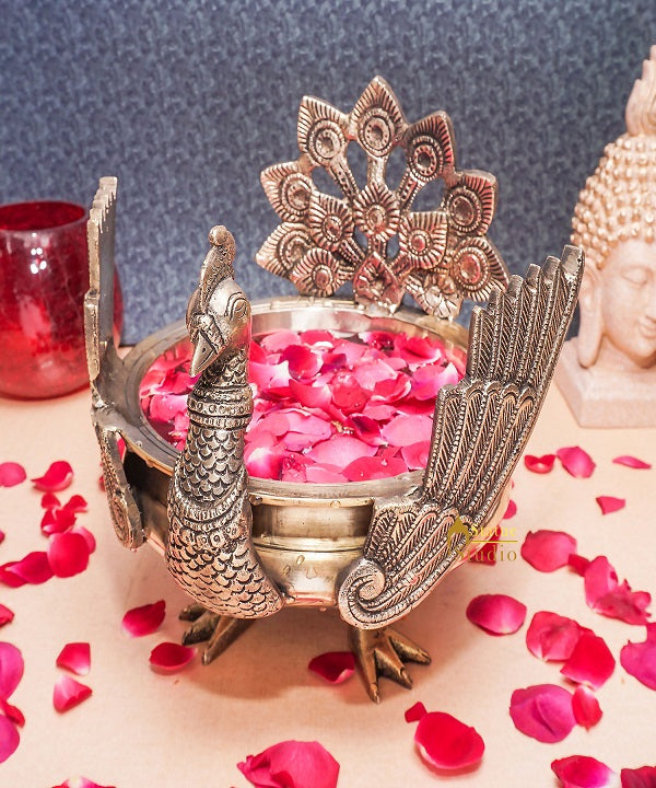 Brass Antique Peacock Urli Bowl Lucky Feng Shui Vastu Home Office Décor 13"