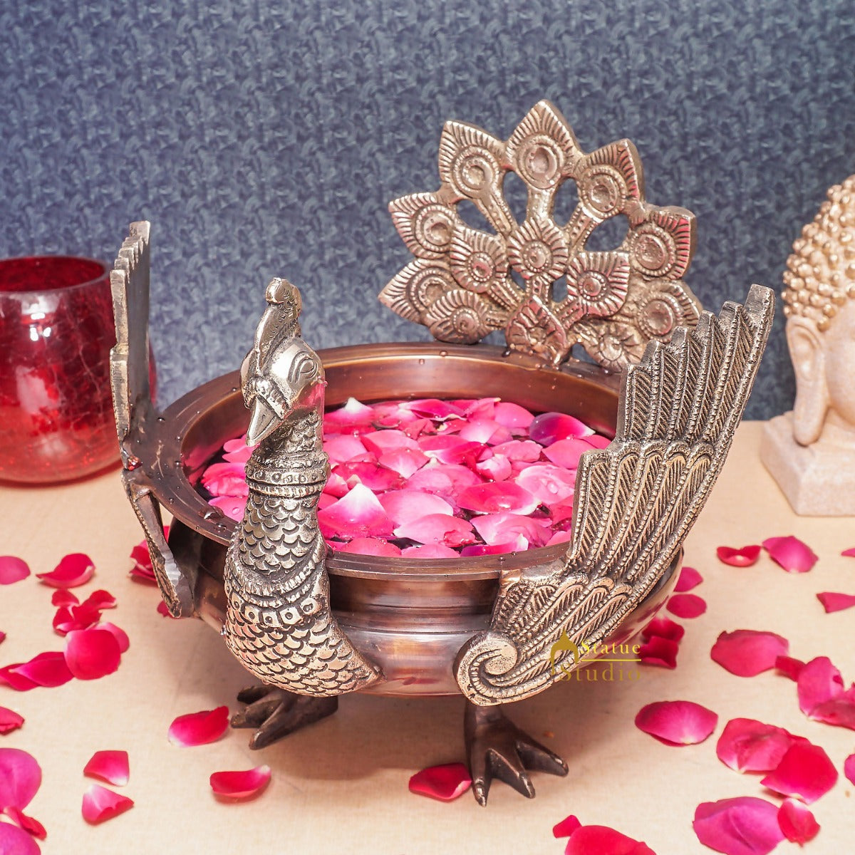 Brass Antique Peacock Urli Bowl Lucky Feng Shui Vastu Home Office Décor 13" - Eco-friendly - Sama Homes