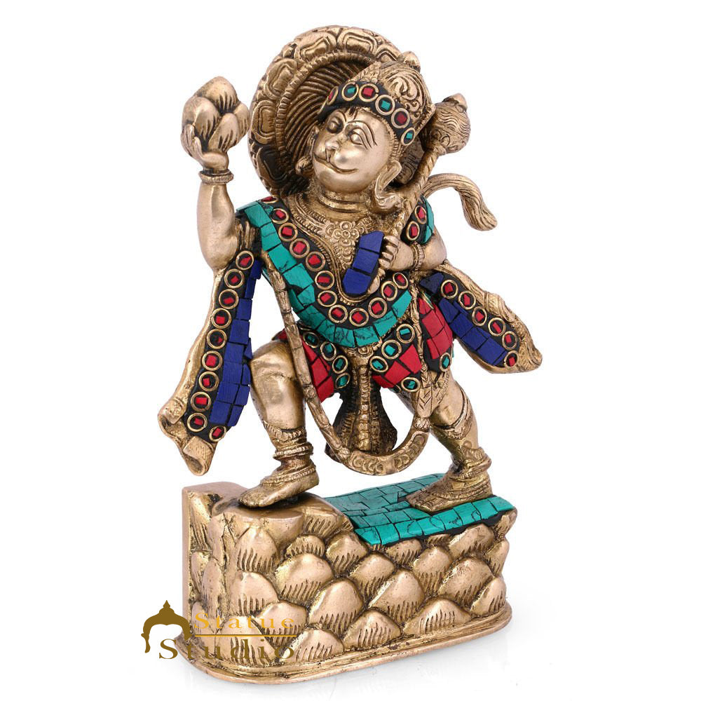 Brass Hanuman Idol Carrying Mountain Statue For Home Temple Décor Gift 7" - Image 3